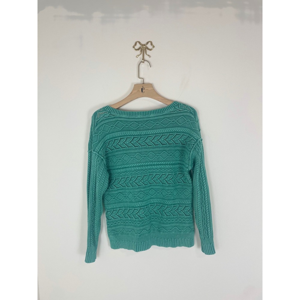 Sundance Womens Teal Green Pointelle Cable Knit Split V-Neck Cotton Sweater S - Picture 5 of 6